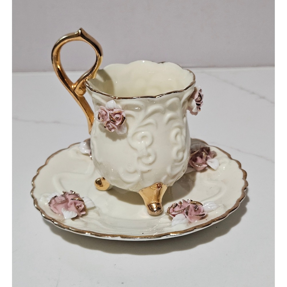 Miniature Porcelain Footed Teacup and Saucer Set Pink 3D Roses Gold Trim Decor